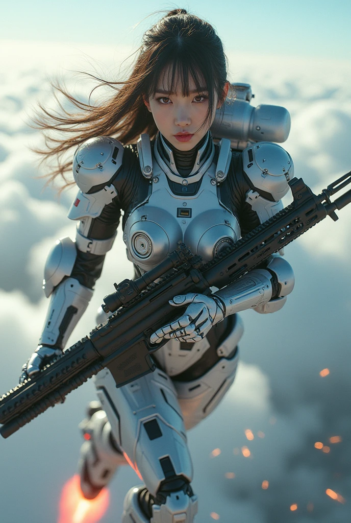 photo-realistic, ultra-realistic, very beautiful Japanese, famous Japanese idol, 20 years old, dramatic scene, masterpiece, beautiful eyes, (extremely intricated with extremely complex futuristic cyber punk mecha armored full-face gas mask:1.5), (wearing stylish colored extremely intricated with complex multi-layered cyber punk mecha armored tight fitting bodysuits with neon marker:1.3), (She uses the ultra high power rocket engine on her back to flying high speed in the sky:1.5), amazing view from sky, (surprising), acrobatic pose, dynamic angle, (shoot from behind), Nimble movements, Sharp turns, (very large breasts), (Fully equipped for battle:1.3), (holding m4a1 large assault rifle:1.2),