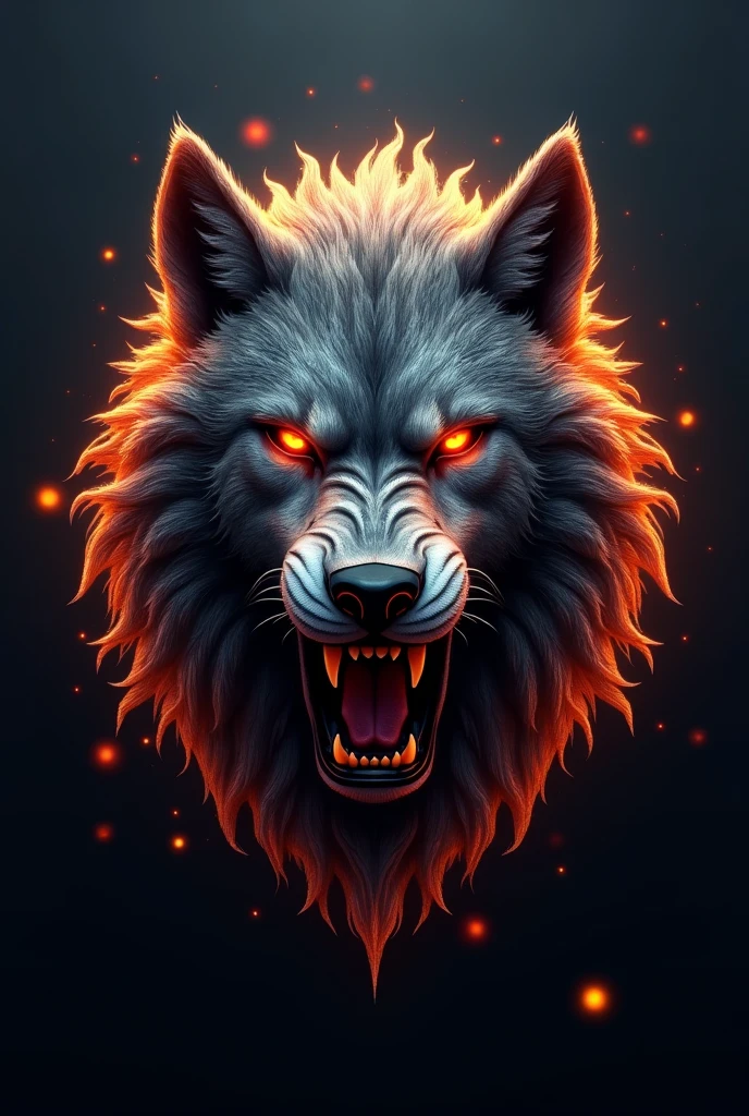 Create a logo for a game of a wolf and a lion together that is a realistic mix, more realistic to that more realistic and scary, more fear and that it is a logo for free fire more fear, more fear and more logo