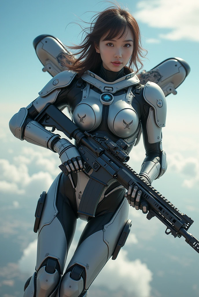 photo-realistic, ultra-realistic, very beautiful Japanese, famous Japanese idol, 20 years old, dramatic scene, masterpiece, beautiful eyes, (extremely intricated with extremely complex futuristic cyber punk mecha armored full-face gas mask:1.5), (wearing stylish colored extremely intricated with complex multi-layered cyber punk mecha armored tight fitting bodysuits with neon marker:1.3), (She uses the ultra high power rocket engine on her back to flying high speed in the sky:1.5), amazing view from sky, (surprising), acrobatic pose, dynamic angle, (shoot from behind), Nimble movements, Sharp turns, (very large breasts), (Fully equipped for battle:1.3), (holding m4a1 large assault rifle:1.2),