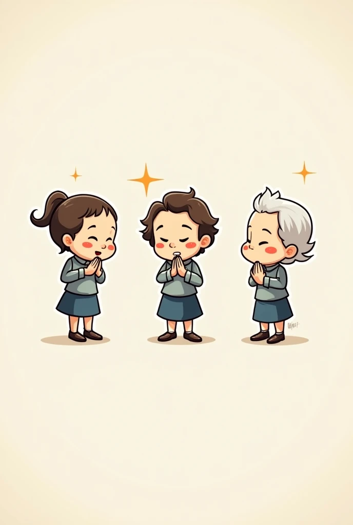 figure, caricature type, for use in celebration slide, to teach the assembly to beat their breasts three times, during the penitential act. Three different figures, However, everyone should have their head tilted slightly downwards., eyes closed and ONLY the RIGHT hand closed UNDER THE CHEST, beating the chest.  The left hand remains stretched downwards. Each image will be used for a part of the sentence.: my fault, my fault, my great fault. Do not use glued hands. 
