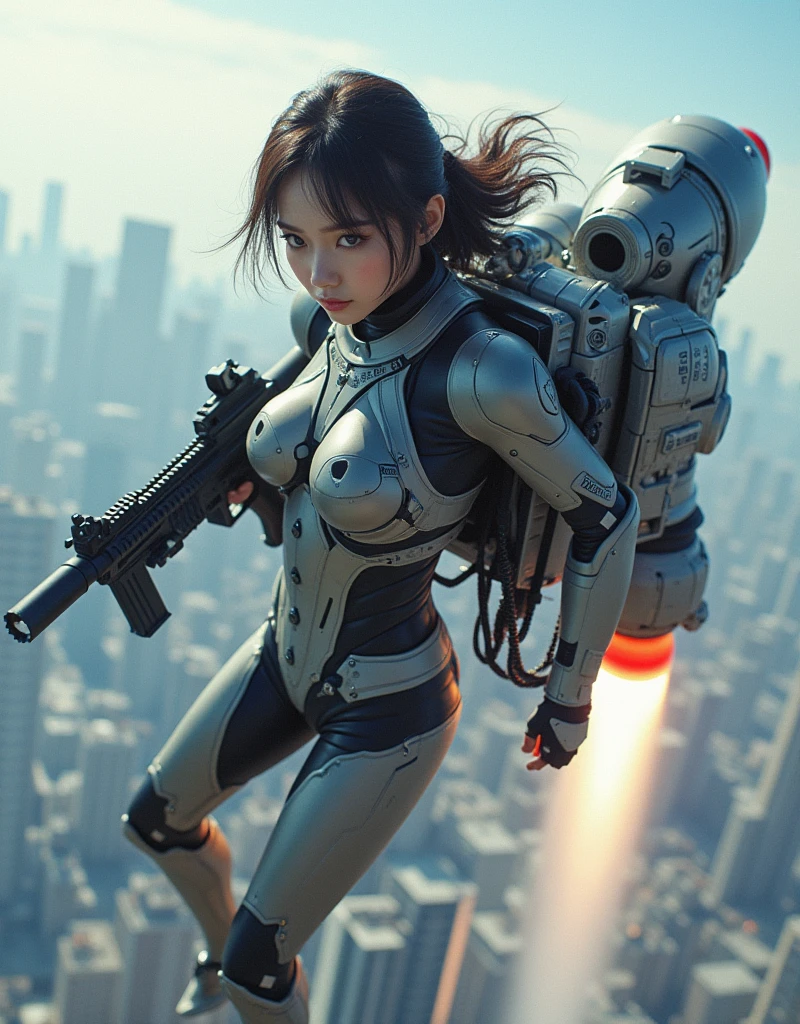 photo-realistic, ultra-realistic, very beautiful Japanese, famous Japanese idol, 20 years old, dramatic scene, masterpiece, beautiful eyes, (extremely intricated with extremely complex futuristic cyber punk mecha armored full-face gas mask:1.5), (wearing stylish colored extremely intricated with complex multi-layered cyber punk mecha armored tight fitting bodysuits with neon marker:1.3), (She uses the ultra high power rocket engine on her back to flying high speed in the sky:1.5), amazing view from sky, (surprising), acrobatic pose, dynamic angle, (shoot from behind), Nimble movements, Sharp turns, (very large breasts), (Fully equipped for battle:1.3), (holding m4a1 large assault rifle:1.2),