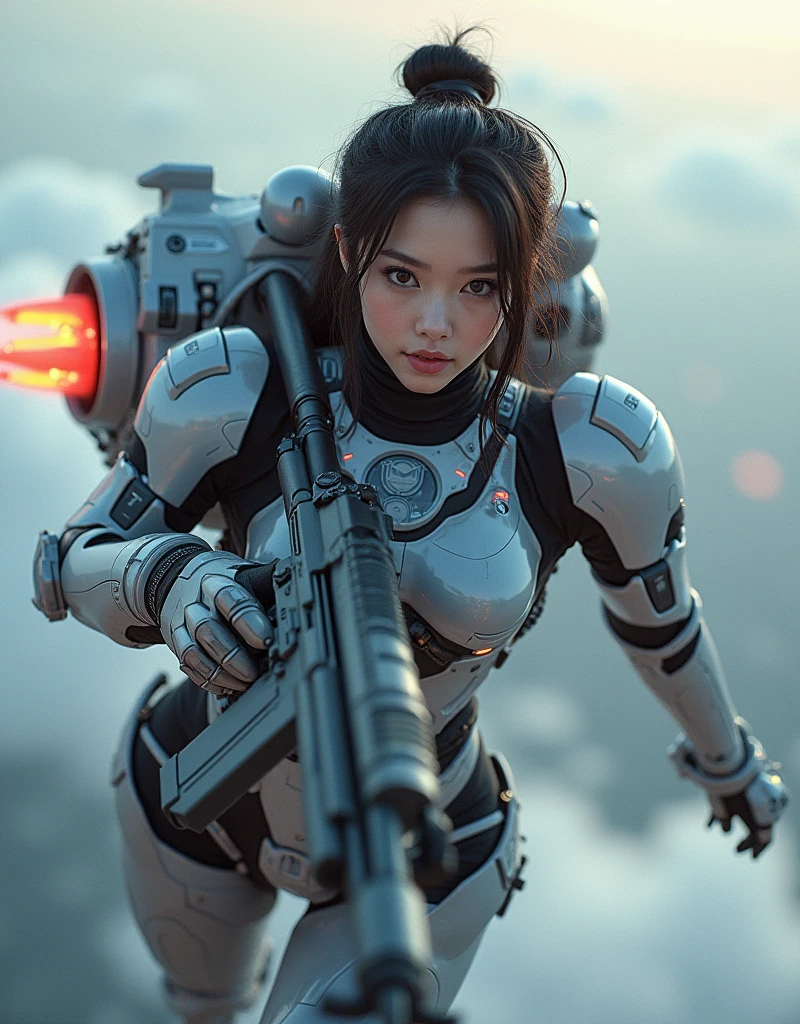 photo-realistic, ultra-realistic, very beautiful Japanese, famous Japanese idol, 20 years old, dramatic scene, masterpiece, beautiful eyes, (extremely intricated with extremely complex futuristic cyber punk mecha armored full-face gas mask:1.5), (wearing stylish colored extremely intricated with complex multi-layered cyber punk mecha armored tight fitting bodysuits with neon marker:1.3), (She uses the ultra high power rocket engine on her back to flying high speed in the sky:1.5), amazing view from sky, (surprising), acrobatic pose, dynamic angle, (shoot from behind), Nimble movements, Sharp turns, (very large breasts), (Fully equipped for battle:1.3), (holding m4a1 large assault rifle:1.2),