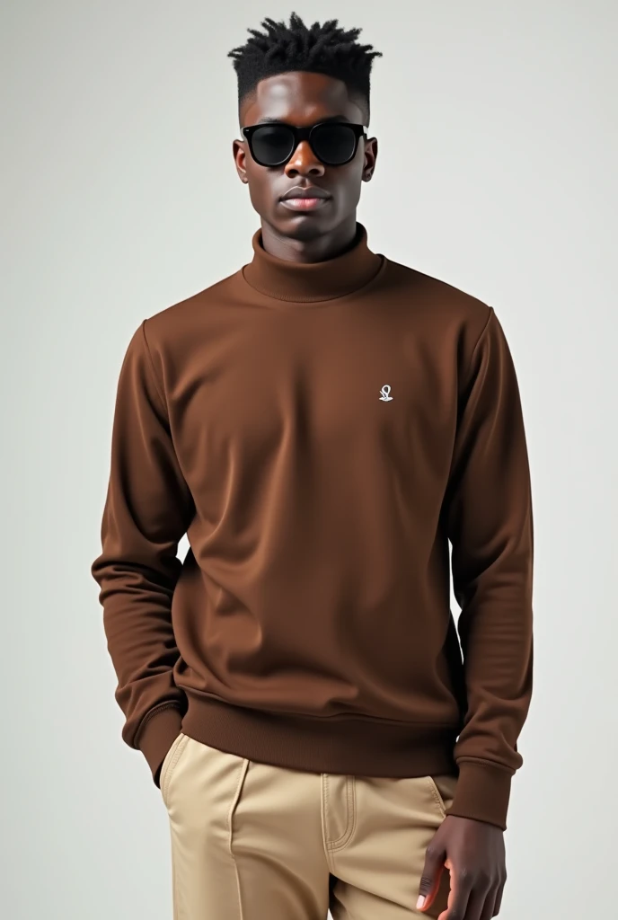 best qualityer:1.4), (ultra high resolution:1.2), (photorrealistic:1.6), (8k, CRU photo:1.2),  a 20 year old dark skinned young man. Haircut with shaved sides and short top. He is wearing a brown long-sleeved, high-neck shirt.. beige social pants. Dark sunglasses. Camera focuses on the face. Standing in a photo studio with a white background 