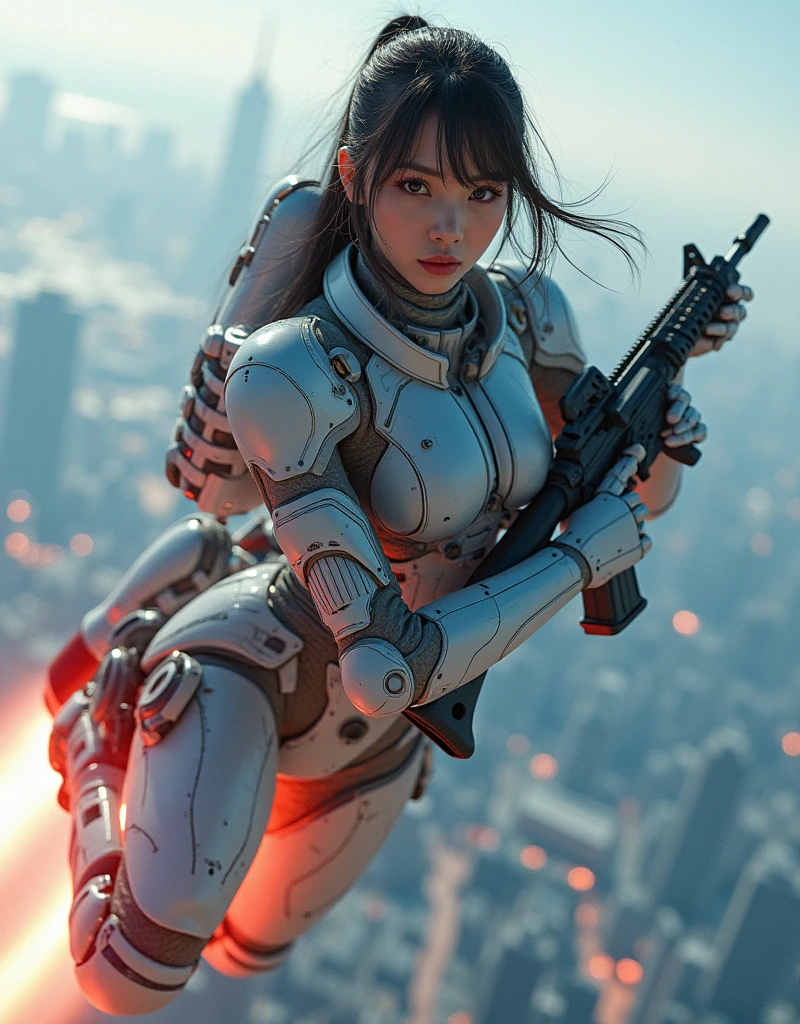 photo-realistic, ultra-realistic, very beautiful Japanese, famous Japanese idol, 20 years old, dramatic scene, masterpiece, beautiful eyes, (extremely intricated with extremely complex futuristic cyber punk mecha armored full-face gas mask:1.5), (wearing stylish colored extremely intricated with complex multi-layered cyber punk mecha armored tight fitting bodysuits with neon marker:1.3), (She uses the ultra high power rocket engine on her back to flying high speed in the sky:1.5), amazing view from sky, (surprising), acrobatic pose, dynamic angle, (shoot from behind), Nimble movements, Sharp turns, (very large breasts), (Fully equipped for battle:1.3), (holding m4a1 large assault rifle:1.2),