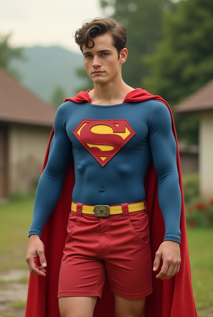 Superman live action (Nice Scout Personality),Homemade costume in medium blue normal fabric,Red shorts over the blue suit