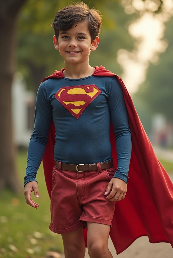 Superman live action (Nice Scout Personality),Homemade costume in medium blue normal fabric,Red shorts over the blue suit