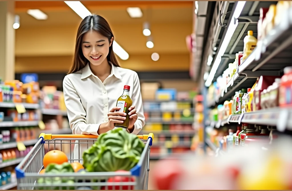 The image shows a person in a supermarket aisle, holding a bottle with a label and looking at it. The person is partially facing the camera. In front of the person is a shopping cart containing various items, including what appear to be fruits and vegetables. The scenario suggests that the person is grocery shopping.