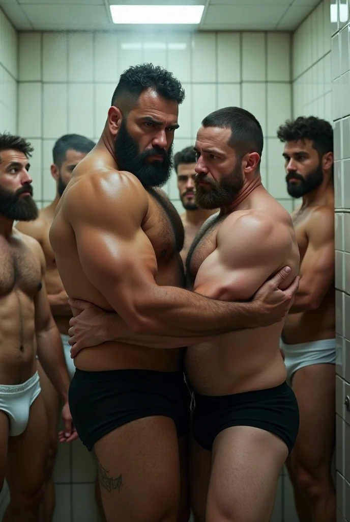 Strong mixed race police officer, bearded and hairy man in black underwear holding another man in a public bathroom surrounded by men in white underwear.
