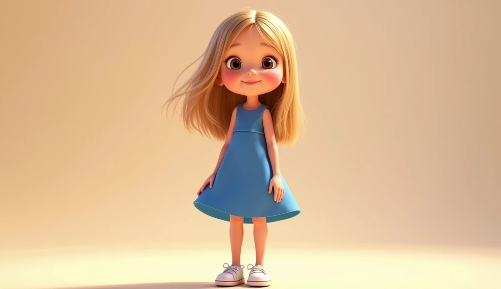 Create an image of 5 year old Cecilia Lodi with straight blonde hair, skin fair, and light brown eyes. She is wearing a beautiful blue dress with no details and white sneakers.. The scene must be in Pixar's distinctive digital art style.