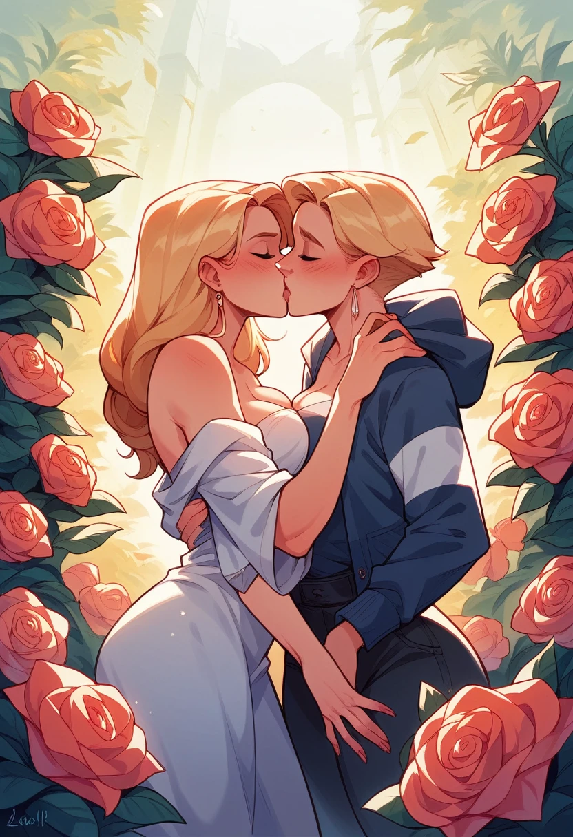 two sensual blonde women kissing, sexly, incredible, Lumiere , ombre, darkness background, moonligh, flowers