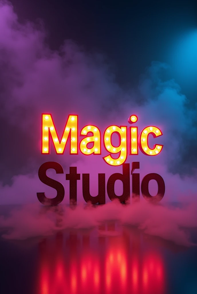 &quot;Magic Studio&quot; is a company that works in the photo industry, works brightly colorfully professionally. There is something mysterious and slightly mystical in the center., above the above in the center of the picture is the title, where the letter &quot;Magic&quot; is drawn in the style of the Mibech brand and the word &quot;Studio&quot; looks clear, bold, stylish and modern. There is light smoke in the background, the names are written with light bulbs 