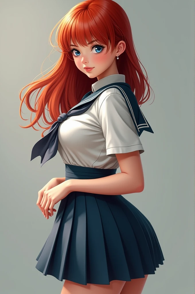redhead woman,with blue eyes,White skin , School uniform,with big breasts and big butt 