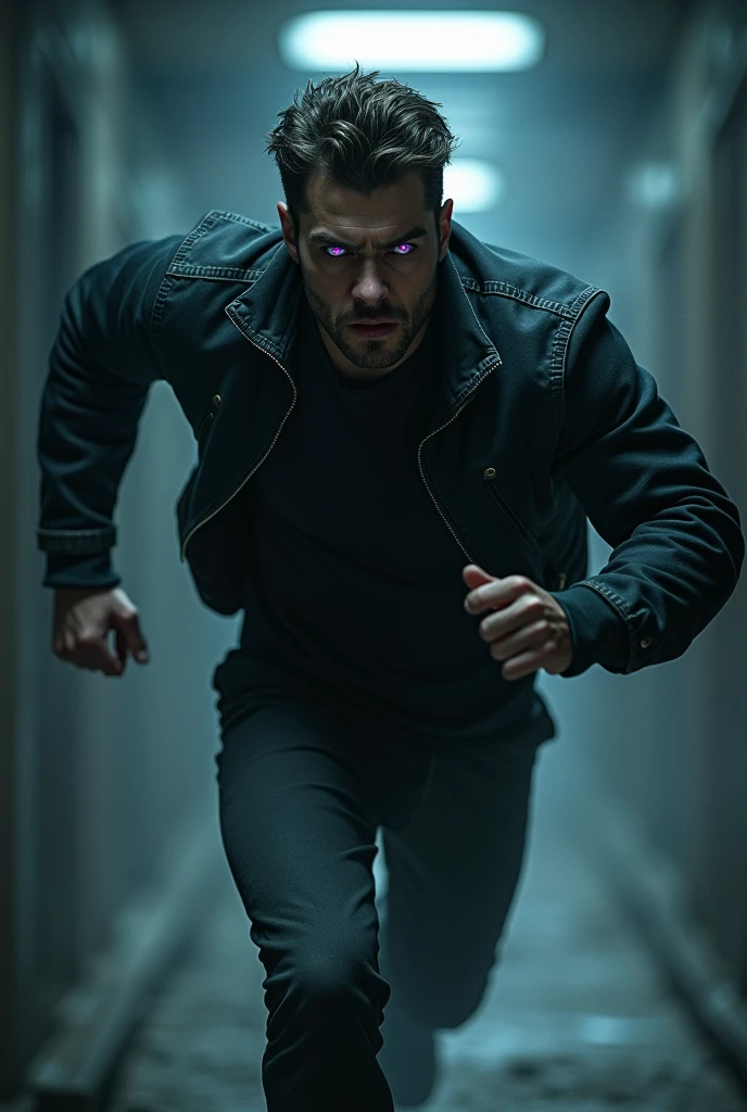 CREATE ME A MALE CHARACTER, WITH PURPLE EYES, WITH A SERIOUS TONALITY, RUNNING FROM THE DARKNESS, THE SCENE THAT IS IN FRONT AND THE DARKNESS BEHIND, PUT SHADOWS OUT OF THE DARKNESS
