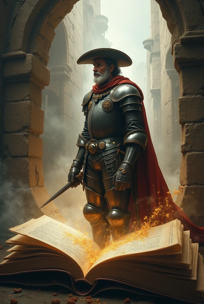 Don Quixote coming out of a book