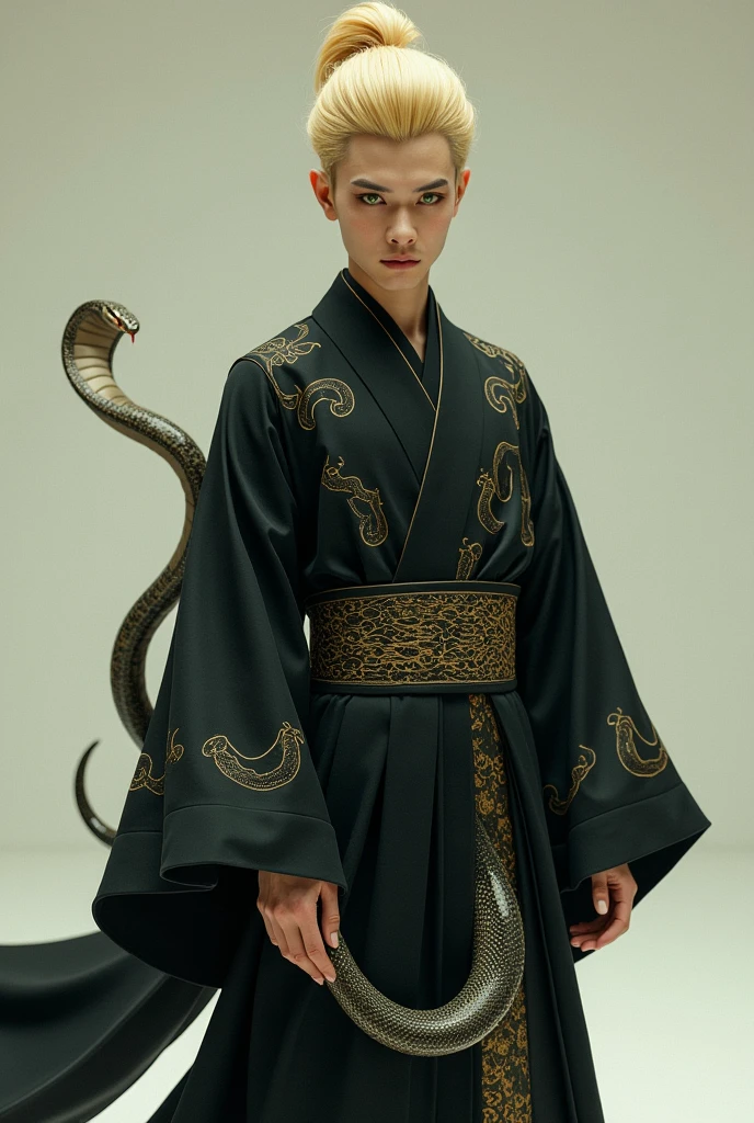 an asian man with blond hair with a pompadour he has green snake eyes and a snake tail, wearing a black kimono with snake design details on the kimono.