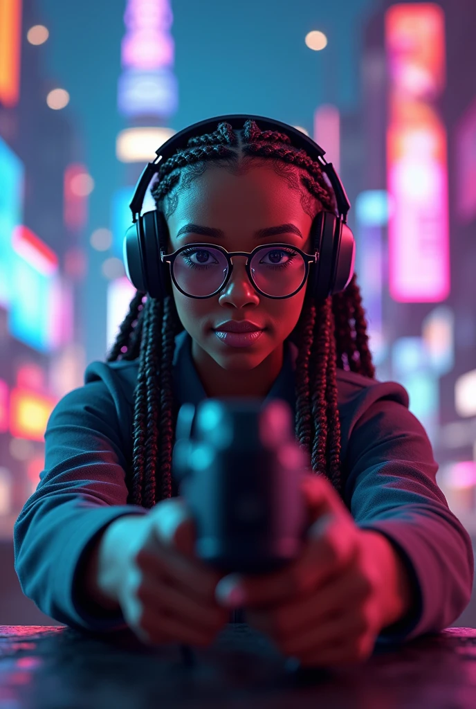 Create a cover for a YouTube gamer channel by drawing a 20-year-old black woman with braids in her hair and round glasses playing a shooting video