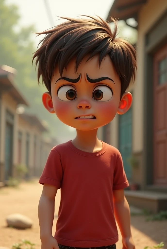 , brown hair, diagonally to the left, a boy standing in a red t-shirt with his eyebrows crooked as if he were angry is real