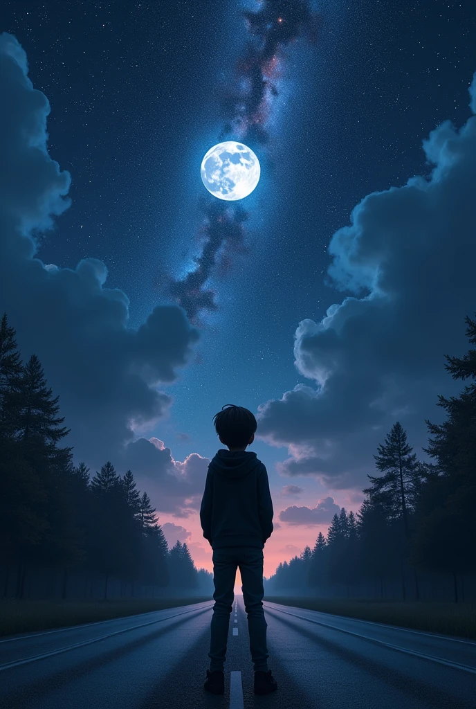 (photorealism:1.2),a 6 ft boy, wearing black hoodie, long hair, hands in pocket, looking at the sky, darkish sky, moon shining , falling star, black clouds, endless road, sky full of stars, nebula on sky trees road side, view from back