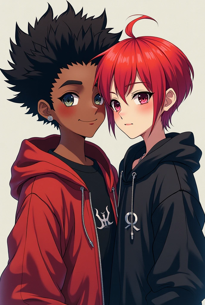 Generates a boy with dark skin and curly hair in a y2k style and with a good-natured face of  next to an emo punk girl with short wolfcut and red hair dressed in black, gothic metal and satanic and anemic in anime style. 