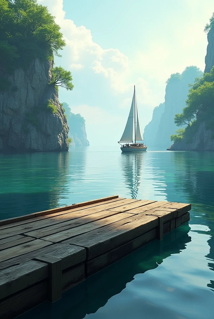 a rectangular shaped dock on an island and a boat sailing
