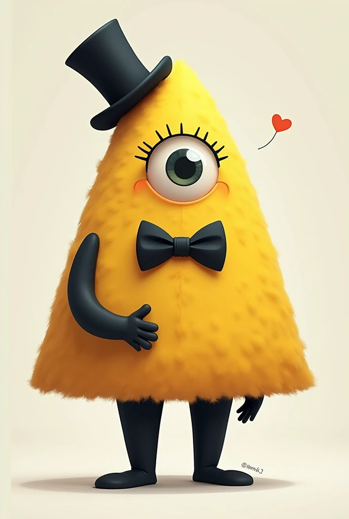 yellow triangle with one eye, eyelashes, bowtie, tophat and black limbs with tentacles