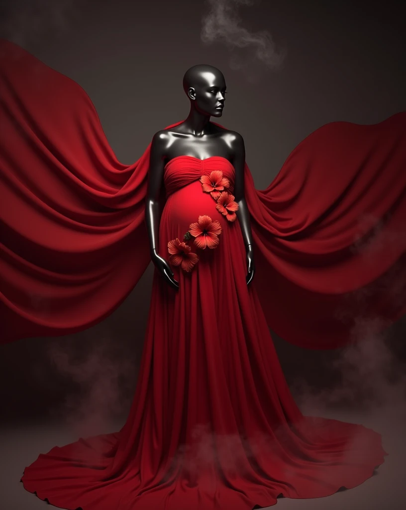 pregnant woman mannequin in red dress with flowing fabric in studio photo, digital art by Gabriel Ba,smoke , big cloudy effect , smoke,shutterstock contest winner, art photography, thick dust and red tones, maternal photography 4 k, draped in flowing fabric, draped with red hybiscus, award winning studio photo, flowing gown, grayscale phtoto with red dress, grayscale photo with red dress