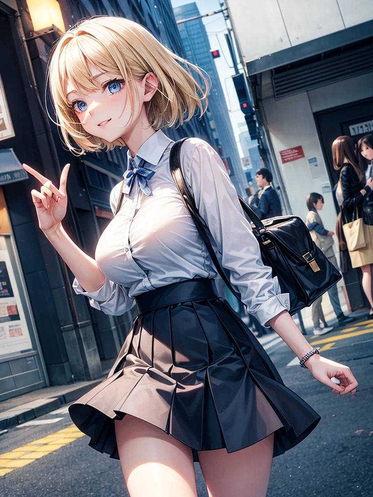 Anime style, super fine illustration, highly detailed, beautiful detailed, pale tone image, static representation, gentle expression, 8k, pretty 1girl with blonde straight short hair & blue eyes & a bright smile & full bust & soft fair skin is wearing big white business shirt not to show her skin & black tight skirt & 1business bag, on the business building street, in the morning, brilliant particles of lights, romantic stories, solo, perfect fingers, perfect arms, perfect legs, masterpiece.