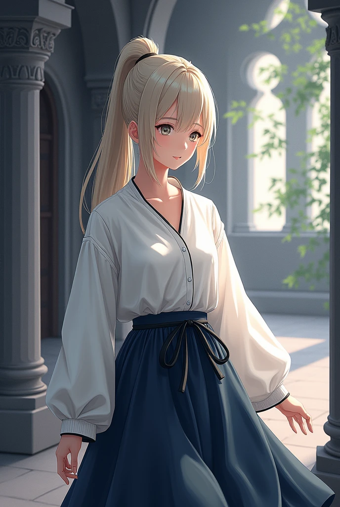 Girl, rubio, Horse tail, convent, White shirt, long sleeves, loose tie, Navy blue long skirt, black tape,