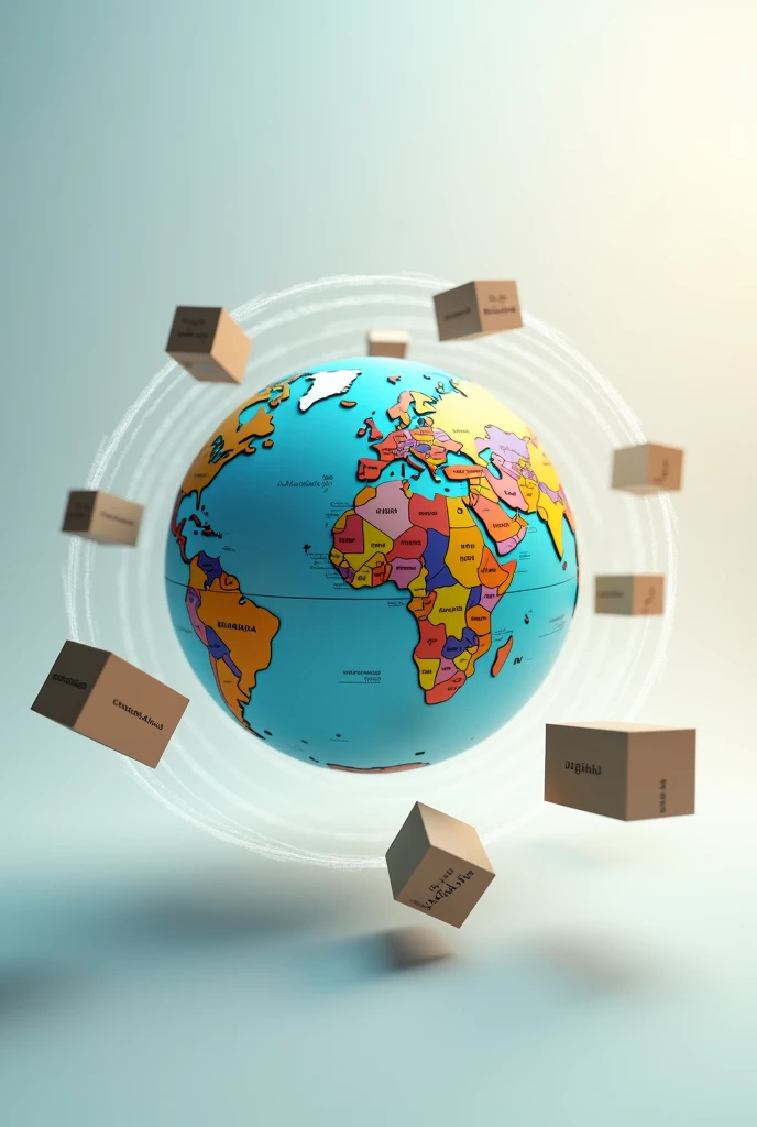 The image should depict a globe with small shipping boxes floating around it, symbolizing the global reach of our products. The boxes should be in motion, circling the earth, with each box displaying the name of one of our brands. This visual representation aims to showcase the international distribution and presence of our cosmetic products worldwide.