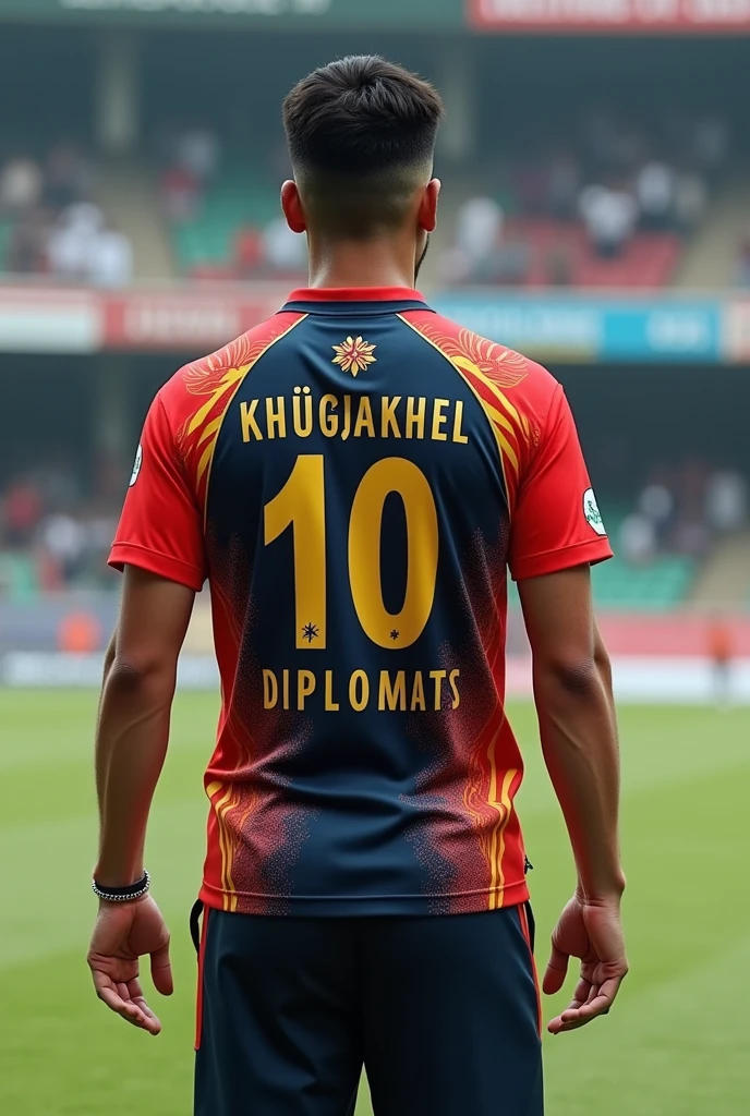 A cricket shirt by the name of khugakhel Diplomats and the no 10