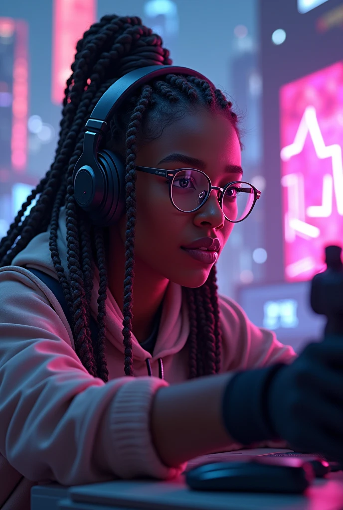 Create a cover for a YouTube gamer channel by drawing a 20-year-old black woman with braids in her hair and round glasses playing a shooting video