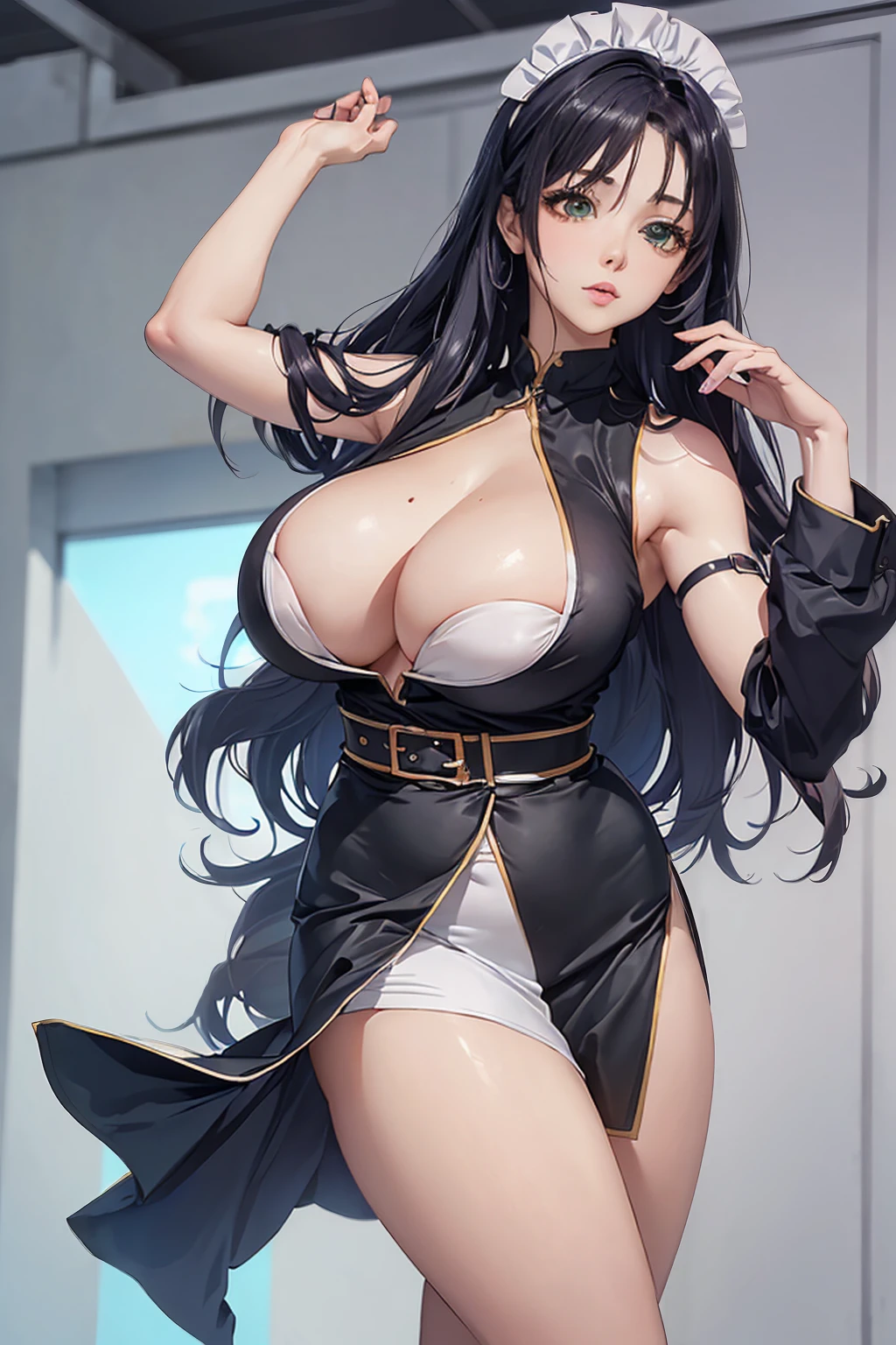 (Woman1),(beautiful),(divine beauty),(beautiful face),(atrane appearanceKWoman1),(beautiful),(divine beauty),(beautiful face),(attractive appearance),(White soft skin),(hot),(slender body),(slender body),(sculpted body),(super gigantic big:1.5),(Long hair),+(Green Hair Color),(Eyes),+,(Eye Color SeesGreen Hair Color),(Eyes),+,(Green Eye Color),(height1,67),(Full hips),(Lean body:1.5),(Mature Sexual Body),(wearing),+,(a sexy maid uniform, consisting of a sleeveless white jumpsuit that highlights her curves, with a super short and fitted skirt in the front and back. Thin uniform fabric moldes)