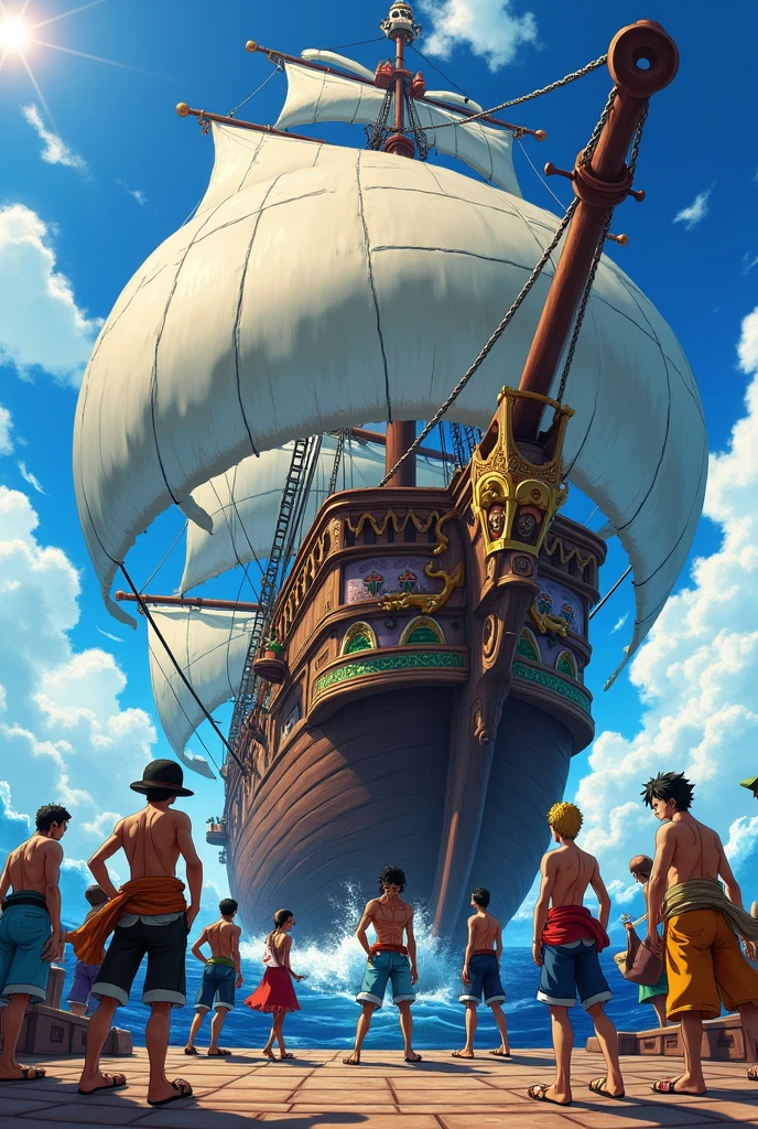 I want a picture of Luffy, Sandy, Zoro, US, Sanji, Chopper, Robin, Franky, Brook e Jimbe, on their pirate ship, the ship is more beautiful, mais bonito, much more, that puts fear into other pirates, much more fear, a gigantic fear, a small ship that is quite scary