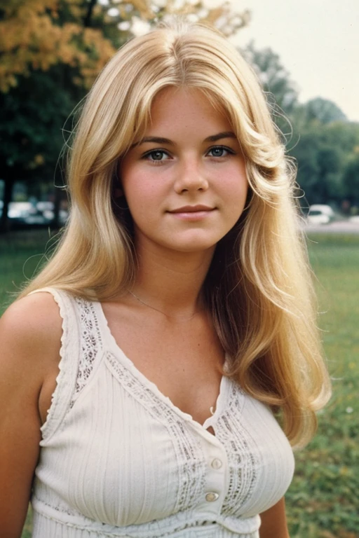 Medium view, of young aged, 16 year old, mom, gilf, milf, face portrait, german features, chubby, long 1970s hair, blond hair, 1970s clothing, in Small town 1970s,