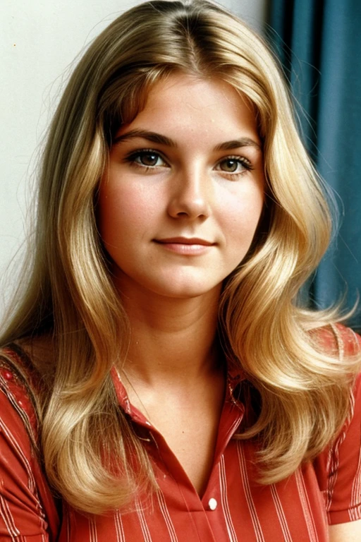 Medium view, of young aged, 16 year old, mom, gilf, milf, face portrait, german features, chubby, long 1970s hair, blond hair, 1970s clothing, in Small town 1970s,