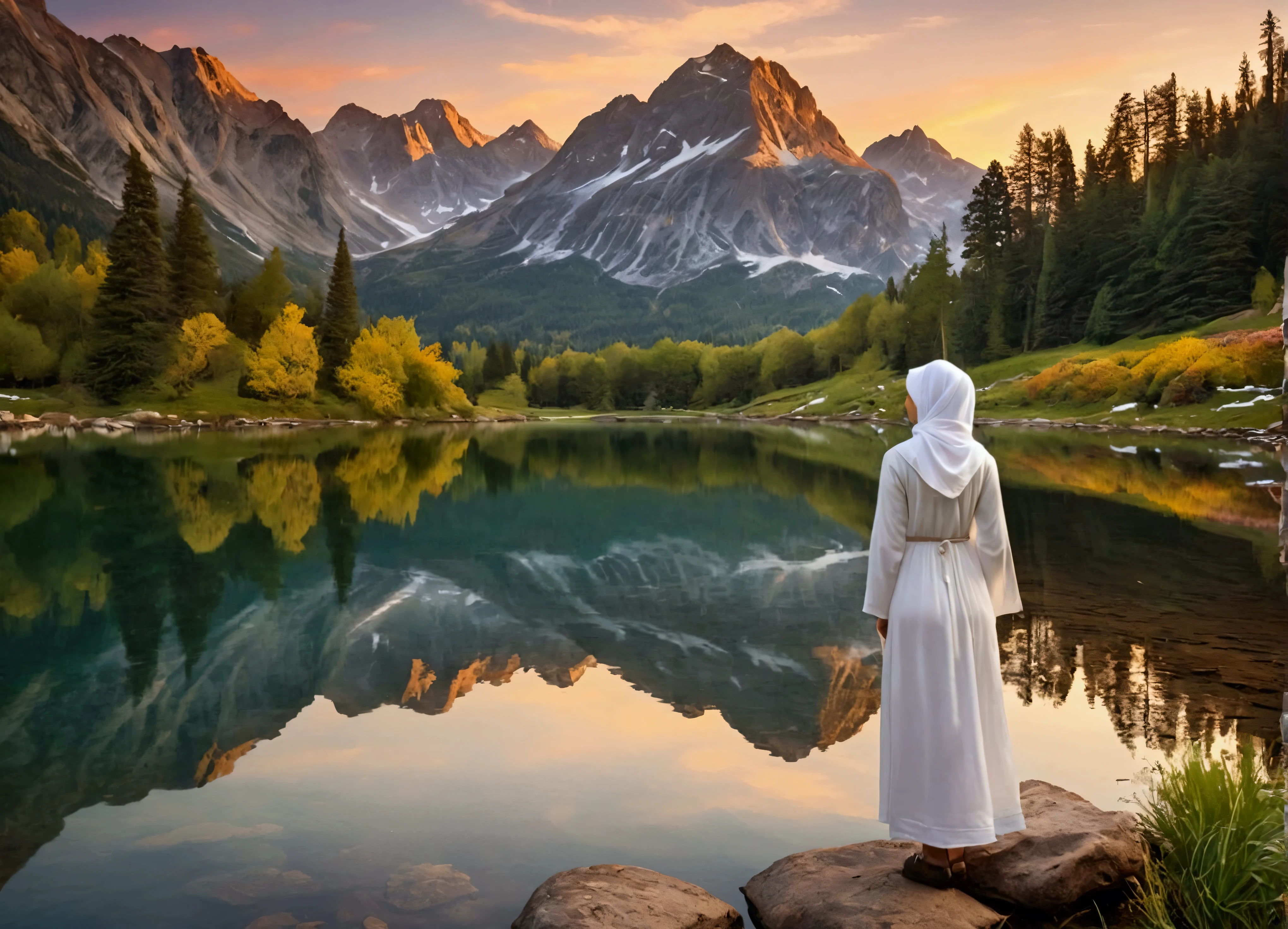 "A stunning 8K resolution landscape showcasing an early morning in a pristine mountainous region. The scene captures the golden light of the sunrise gently illuminating the rugged mountain peaks, which are partly covered with snow. A crystal-clear lake lies in the foreground, perfectly reflecting the towering mountains and the vibrant hues of the dawn sky. The water’s surface is mirror-like, adding a sense of calm and serenity to the scene. Surrounding the lake, lush green meadows are scattered with colorful wildflowers, while tall, majestic trees stand by the water's edge.
On the right side of the frame, a woman stands at the edge of the lake, wearing a simple white dress and a white hijab. She gazes out at the peaceful landscape, adding a serene, contemplative human element to the vast natural beauty. Her presence conveys a sense of reflection and harmony with the tranquil surroundings. The overall atmosphere is one of peace and awe, capturing the raw beauty of nature in incredible detail."