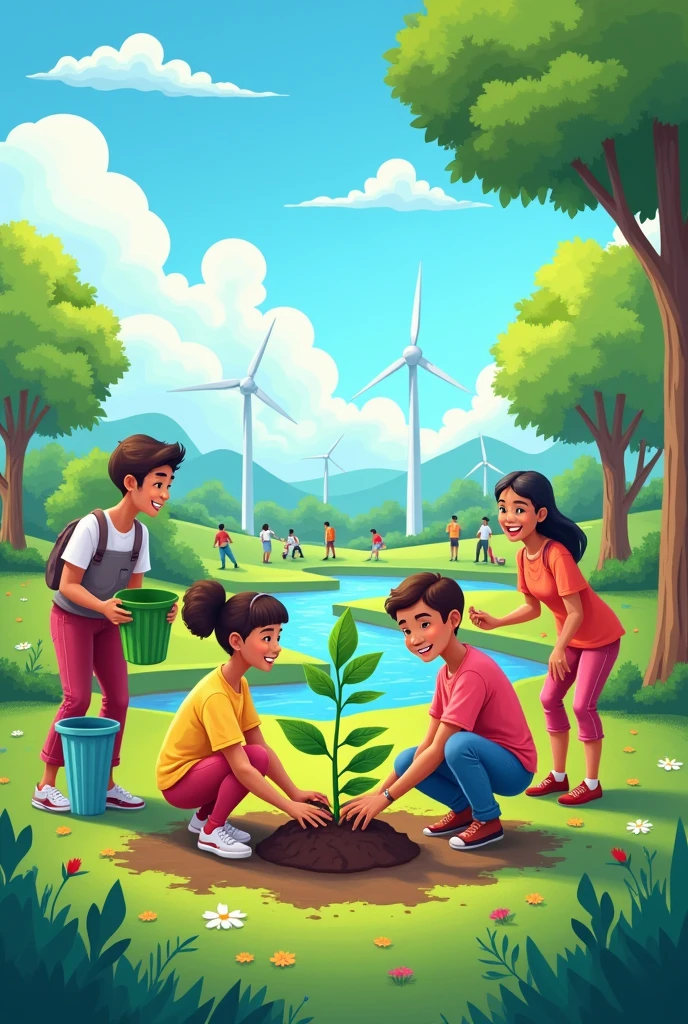 a bright scene in which a diverse group of people, of all ages and ethnicities, is working together to take care of the environment. In the center of the image, A family plants a young tree in a green park, while other people around pick up trash, recycle and clean a nearby river. The sky is bright blue with white clouds, and in the background you can see solar panels and windmills. The predominant colors are shades of green and blue., symbolizing nature and clean air. People have expressions of joy and satisfaction, reflecting the importance of community work and environmental sustainability.