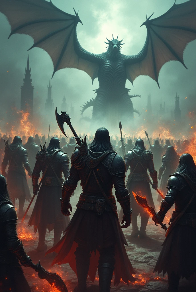 Create me an image with a dark and gloomy tone, with an army of World of Warcraft-style warriors, carrying weapons such as swords, axes, bows, crossbows, and staffs of ice and fire magic. There should be dragons in the sky representing the warriors, with flames coming out all over the place with red and yellow colors, keeping the gloomy style. The image must have the following text "Umbra Draconum" mandatory. 