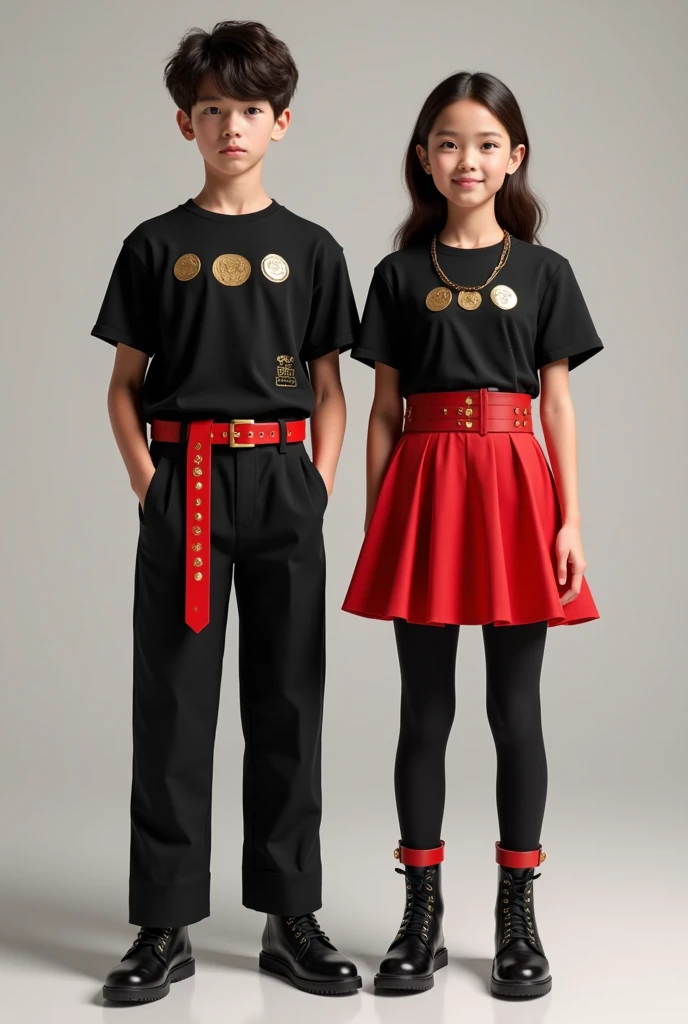 A boy dressed in black pants and a black T-shirt with gold decorations and a red belt and a girl dressed in a black T-shirt and pants and a short red skirt with gold decorations 