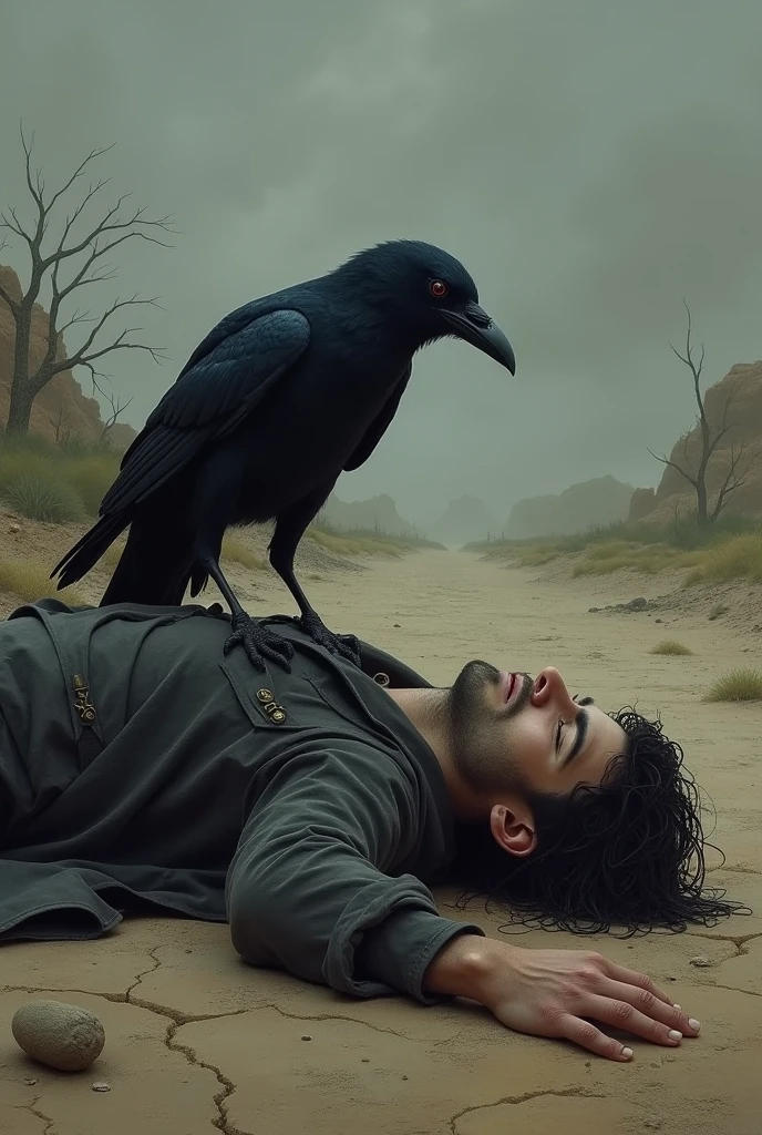 A man is dead laying on the ground and crow is trying to eat his meat. 