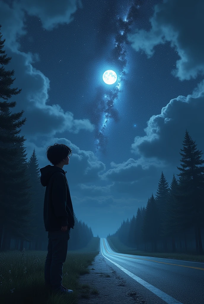 (photorealism:1.2),a 6 ft boy, standing on left side of road, wearing black hoodie, long hair, hands in pocket,  looking at the sky, darkish sky, moon shining , falling star, black  clouds, endless road, sky full of stars, nebula on sky trees road side, view from back