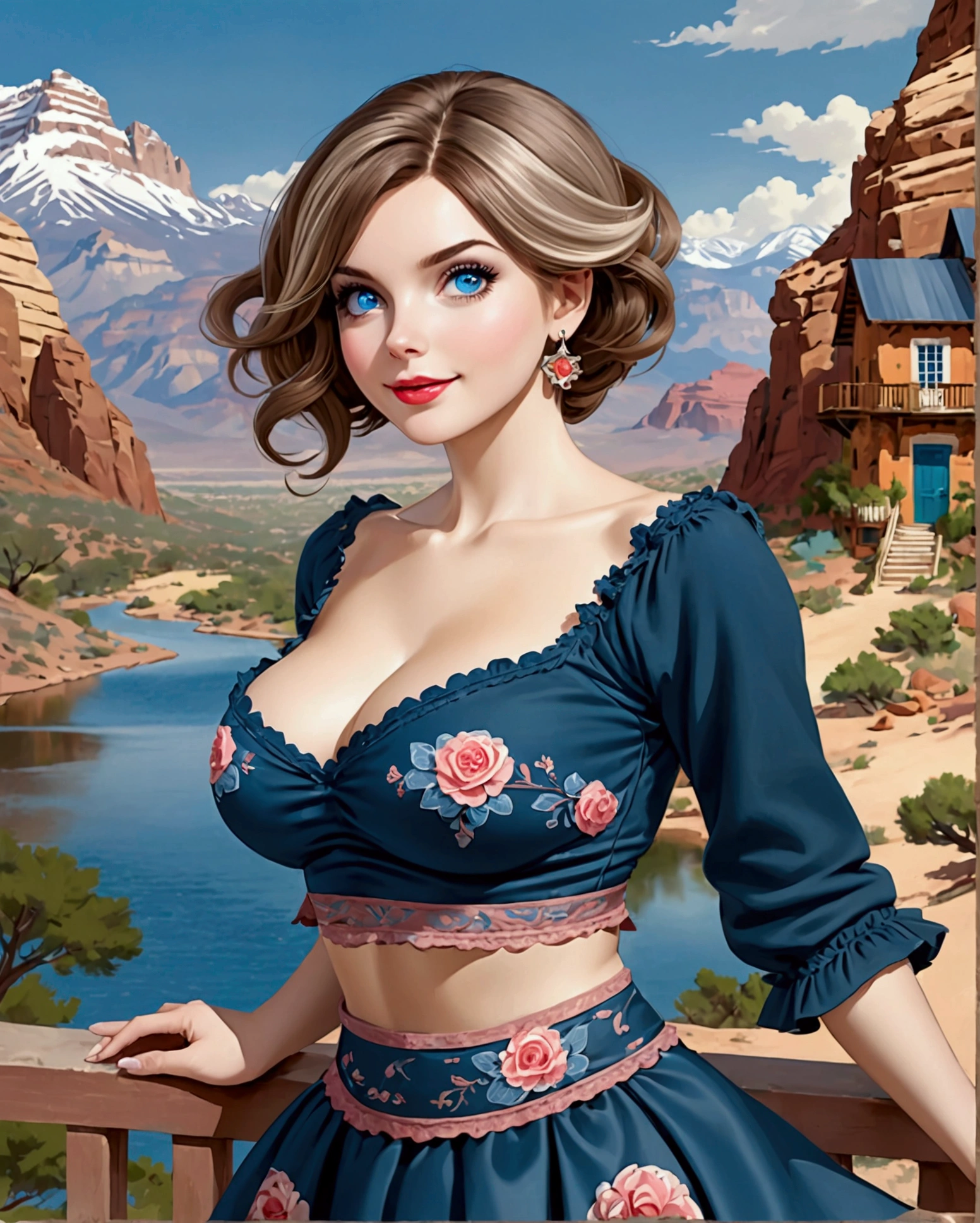 A beautiful woman with large thick beautiful lips with the appearance of Masiela Lusha, thick hips, thin waist, deep and wide breasts. with hair that is coarse, wiry, and tightly curled. It often has a rough texture, feels stiff to the touch, and may be prone to frizz and tangling. curls can be densely packed. Looking at viewer with love. Long southwestern style dress, hoop earing and jewelry. Skirts billowing in breeze. The Official Art – An Award-Winning Digital Masterpiece In 4K Ultra HD, Extreme Detail And Intricate Realism. This Concept Art Brought To Life By The Hands Of Artists Like Wlop & Artgerm In A Stunning 2D Vector Illustration. . LArge, perky, voluptuous, cleavage full, well shaped pleasing breasts. Background is a panoramic vista of redrock canyon. t