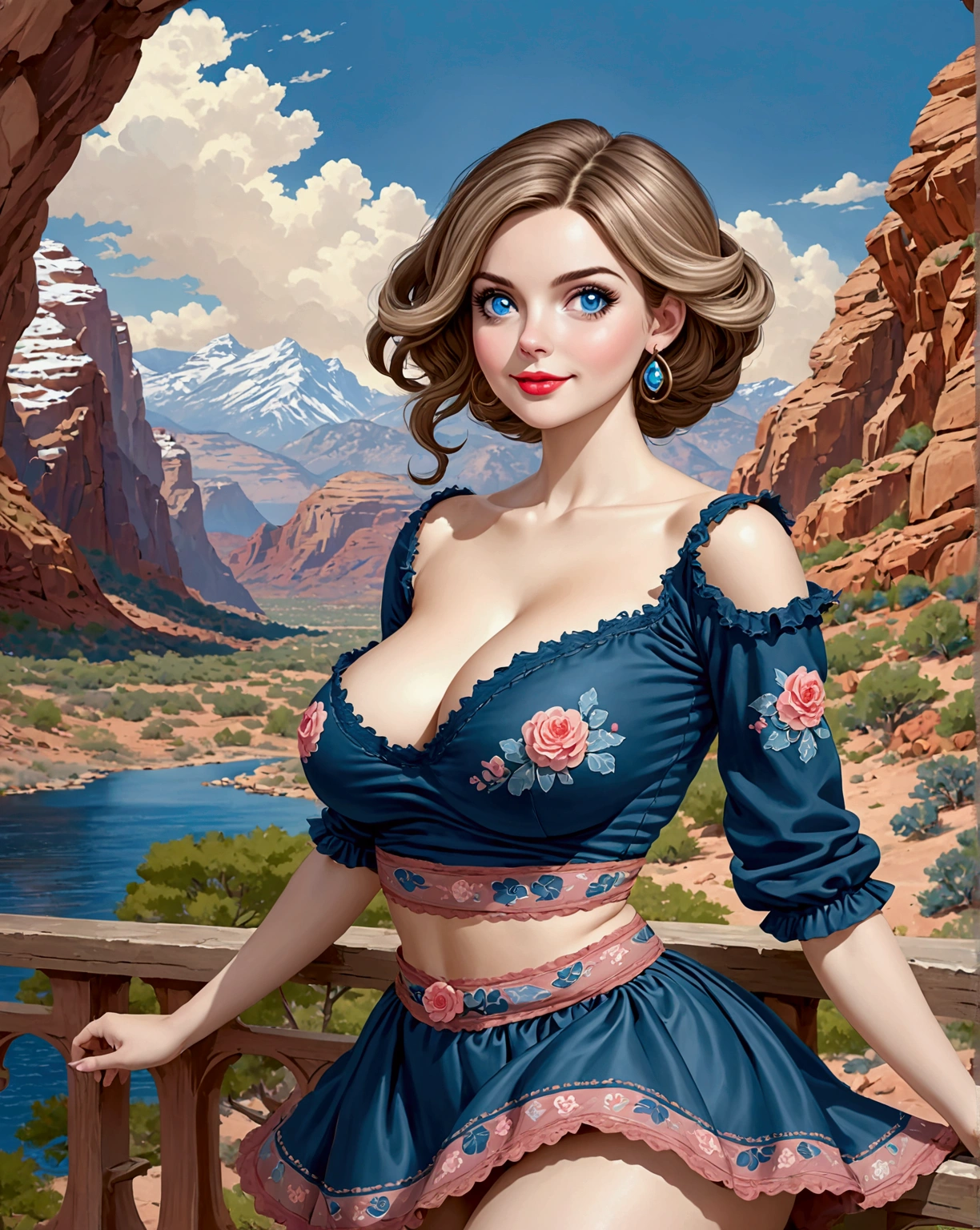 A beautiful woman with large thick beautiful lips with the appearance of Masiela Lusha, thick hips, thin waist, deep and wide breasts. with hair that is coarse, wiry, and tightly curled. It often has a rough texture, feels stiff to the touch, and may be prone to frizz and tangling. curls can be densely packed. Looking at viewer with love. Long southwestern style dress, hoop earing and jewelry. Skirts billowing in breeze. The Official Art – An Award-Winning Digital Masterpiece In 4K Ultra HD, Extreme Detail And Intricate Realism. This Concept Art Brought To Life By The Hands Of Artists Like Wlop & Artgerm In A Stunning 2D Vector Illustration. . LArge, perky, voluptuous, cleavage full, well shaped pleasing breasts. Background is a panoramic vista of redrock canyon. t
