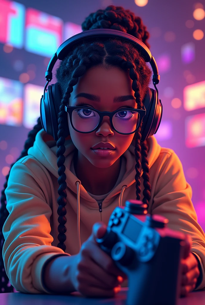 Create a cover for a YouTube gamer channel by drawing a 20-year-old black woman with braids in her hair and round glasses playing shooting games
