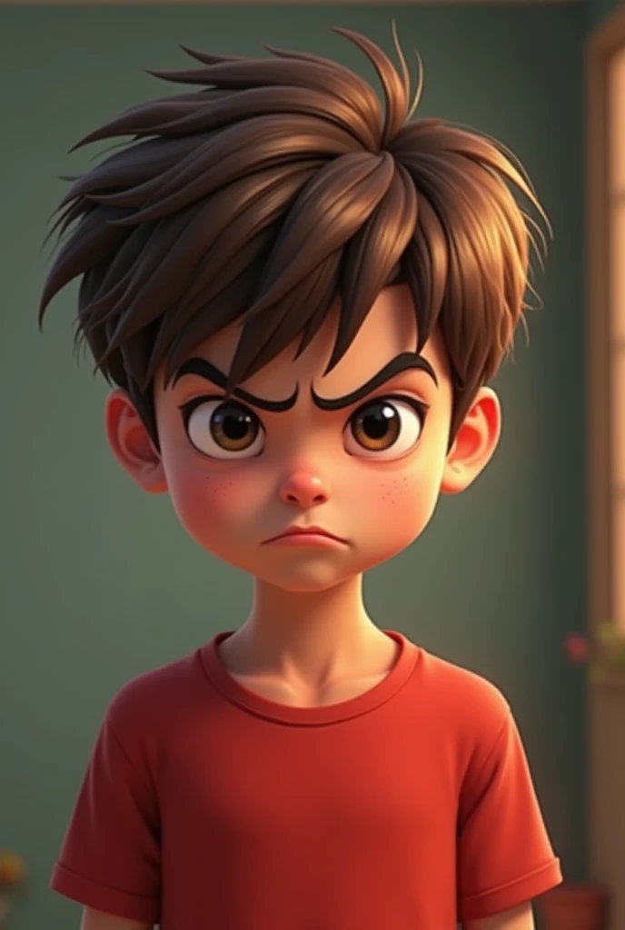 , brown hair, diagonally to the left, a boy standing in a red t-shirt with his eyebrows crooked as if he were angry is real (non animated)
