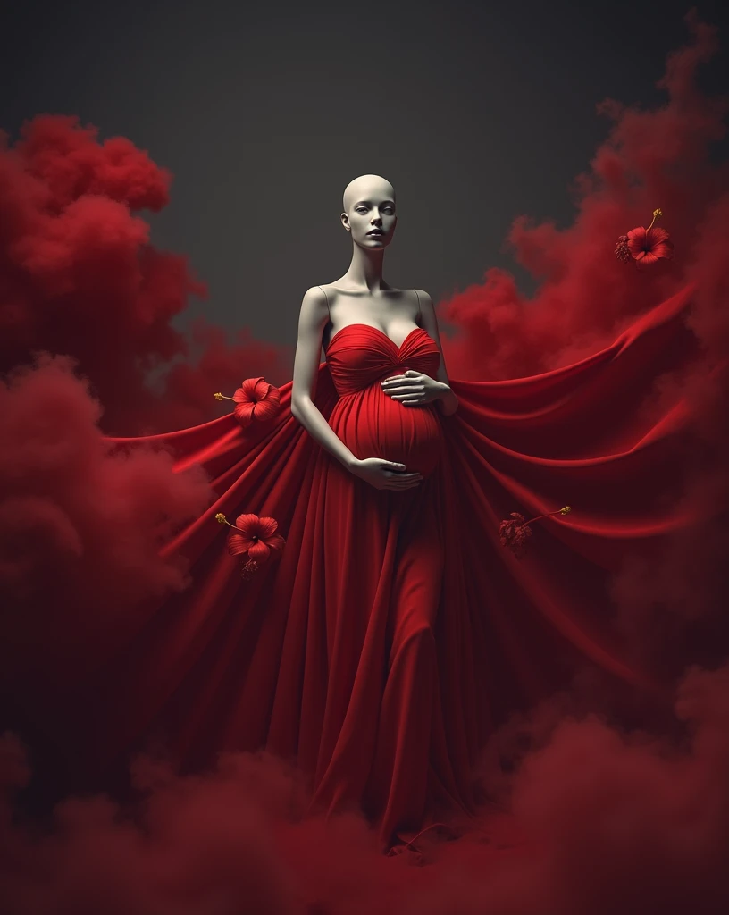 pregnant woman mannequin in red dress with flowing fabric in studio photo, digital art by Gabriel Ba,smoke , big cloudy effect , smoke,shutterstock contest winner, art photography, thick dust and red tones, maternal photography 4 k, draped in flowing fabric, draped with red hybiscus, award winning studio photo, flowing gown, grayscale phtoto with red dress, grayscale photo with red dress