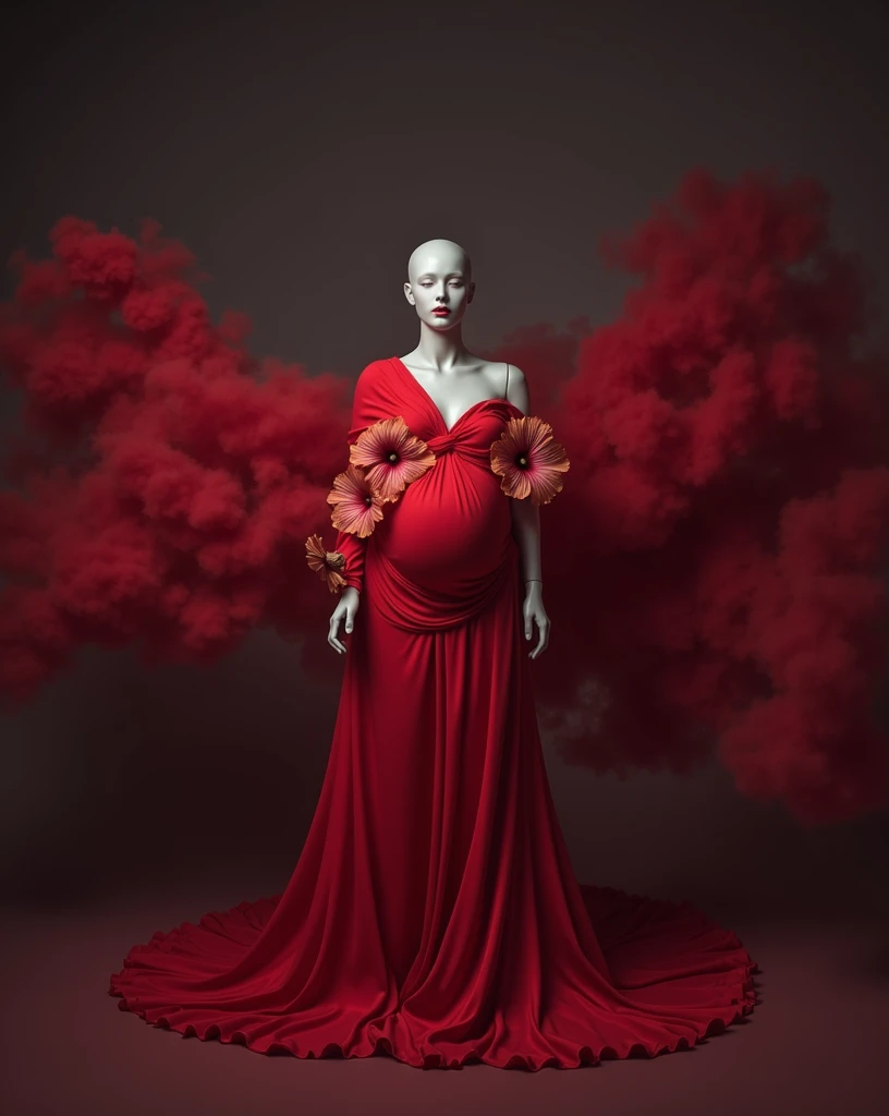 pregnant woman mannequin in red dress with flowing fabric in studio photo, digital art by Gabriel Ba,smoke , big cloudy effect , smoke,shutterstock contest winner, art photography, thick dust and red tones, maternal photography 4 k, draped in flowing fabric, draped with red hybiscus, award winning studio photo, flowing gown, grayscale phtoto with red dress, grayscale photo with red dress