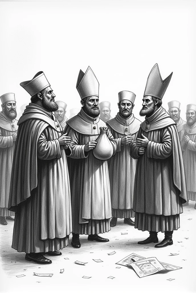 Generate black and white photo symbolizing that clergy and nobility also have to pay taxes. Time of the French revolution. Very old-fashioned and drawn. Should symbolize the message well. drawn with pencil. And everyone should understand that the point is that the nobility and clergy also have to pay taxes. It is best to take the money bag out of your pocket or have it in your hand. It is supposed to be a line drawing that was drawn by hand, a kind of sketch