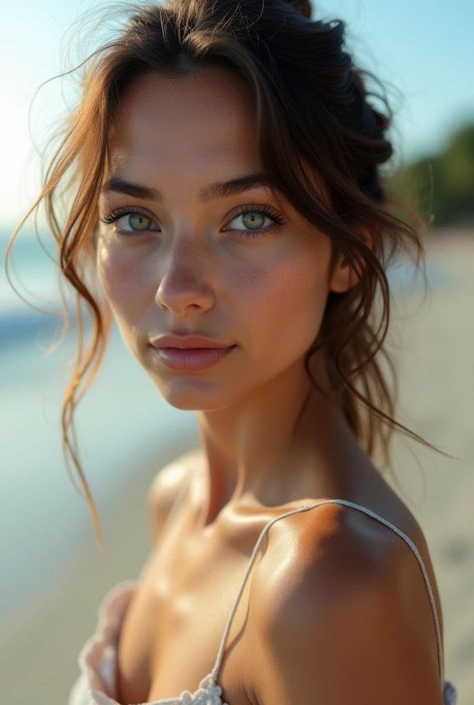 fille brune, green eyes, Latin, 25ans regarde vers la camera, naturel, almond eyes thin noses at the beach