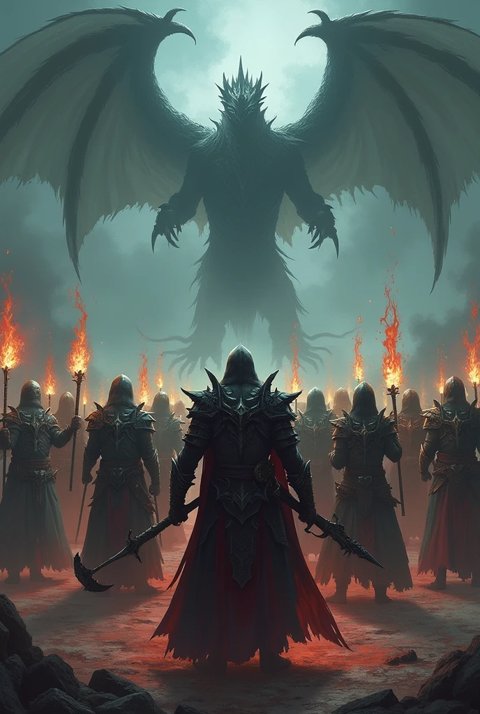 Create me an image with a dark and gloomy tone, with an army of World of Warcraft-style warriors, carrying weapons such as swords, axes, bows, crossbows, and staffs of ice and fire magic. There should be dragons in the sky representing the warriors, with flames coming out all over the place with red and yellow colors, keeping the gloomy style. The image must have the following text "Umbra Draconum" mandatory.